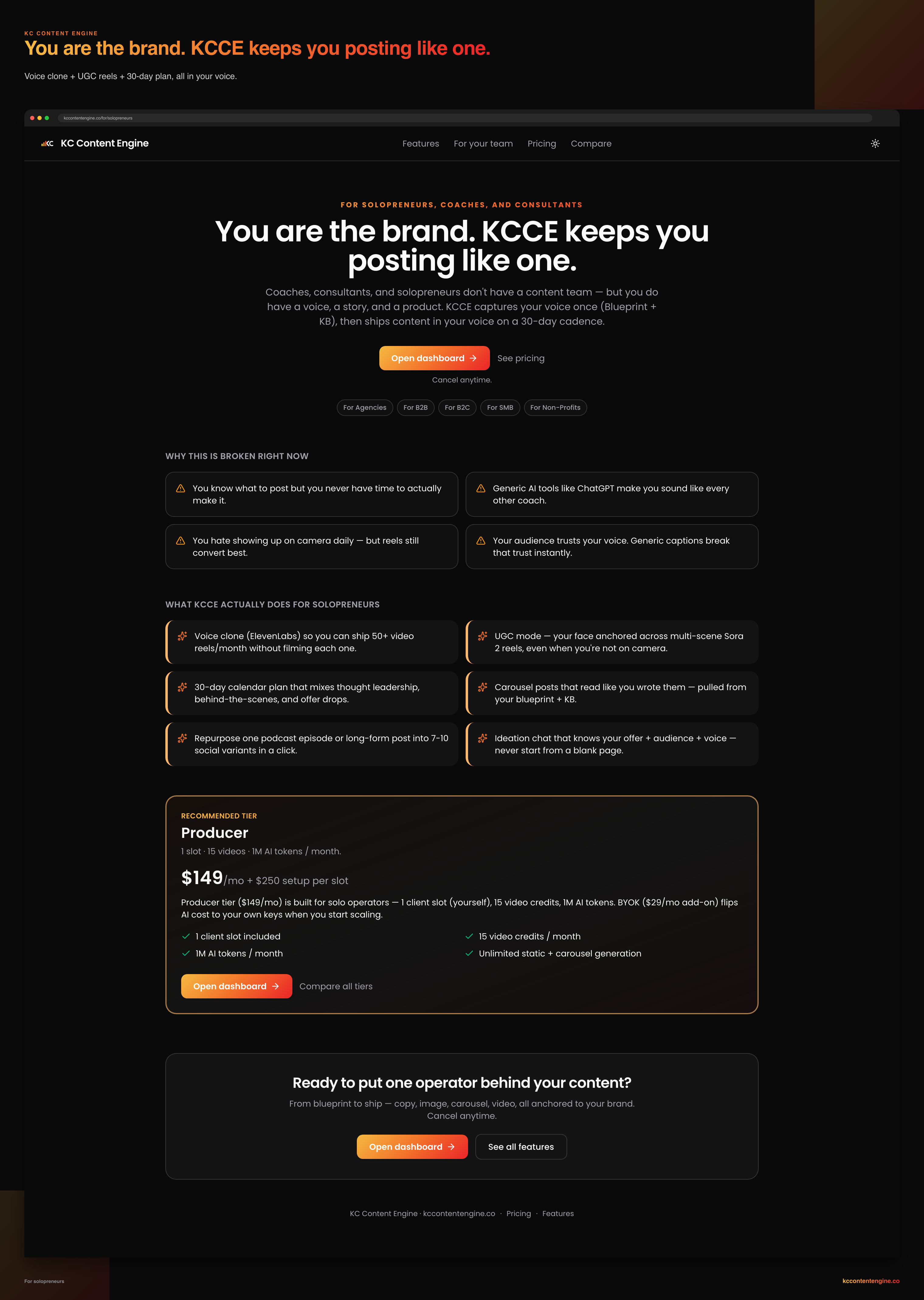 KC Content Engine producer tier for solopreneurs