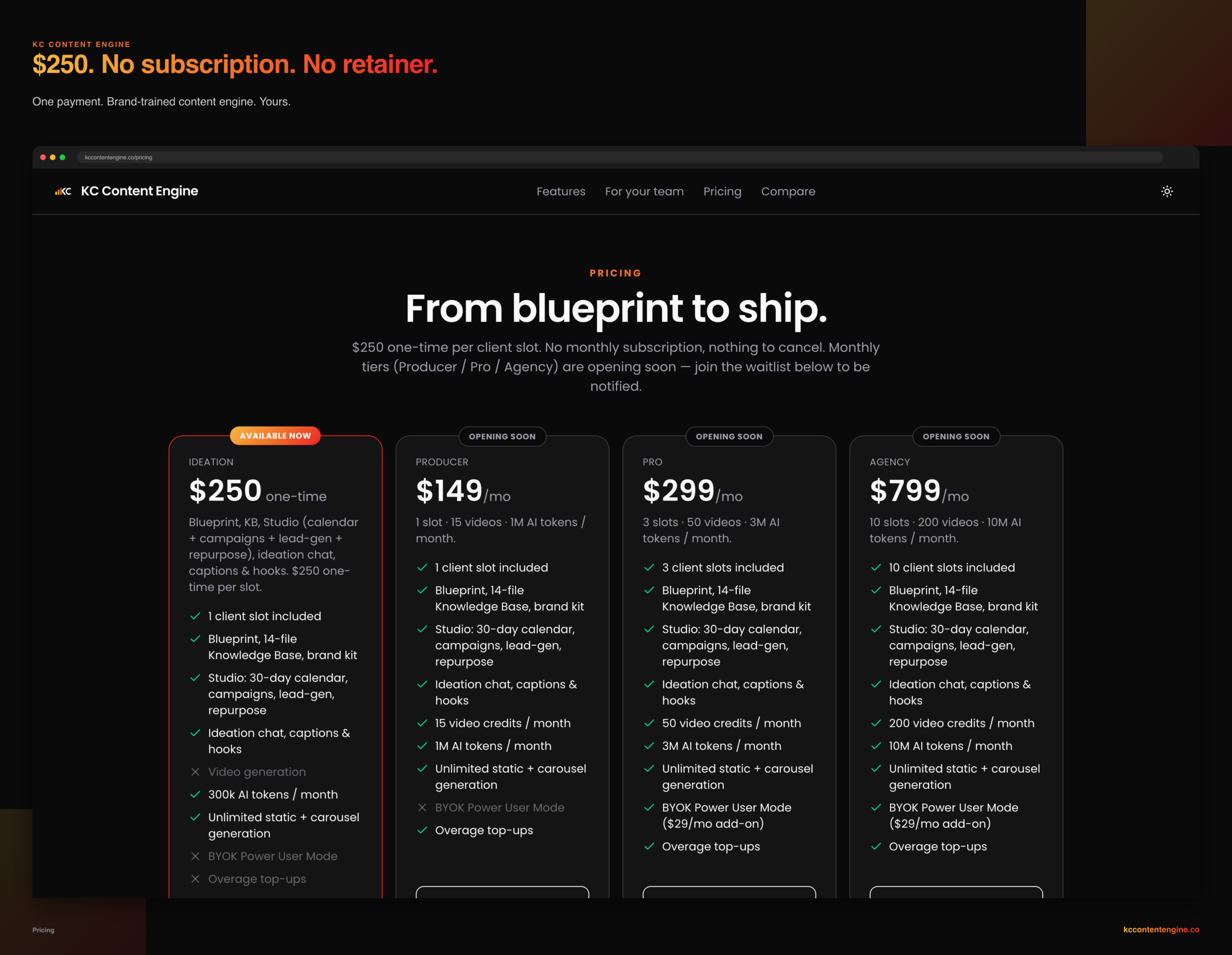 KC Content Engine pricing tiers