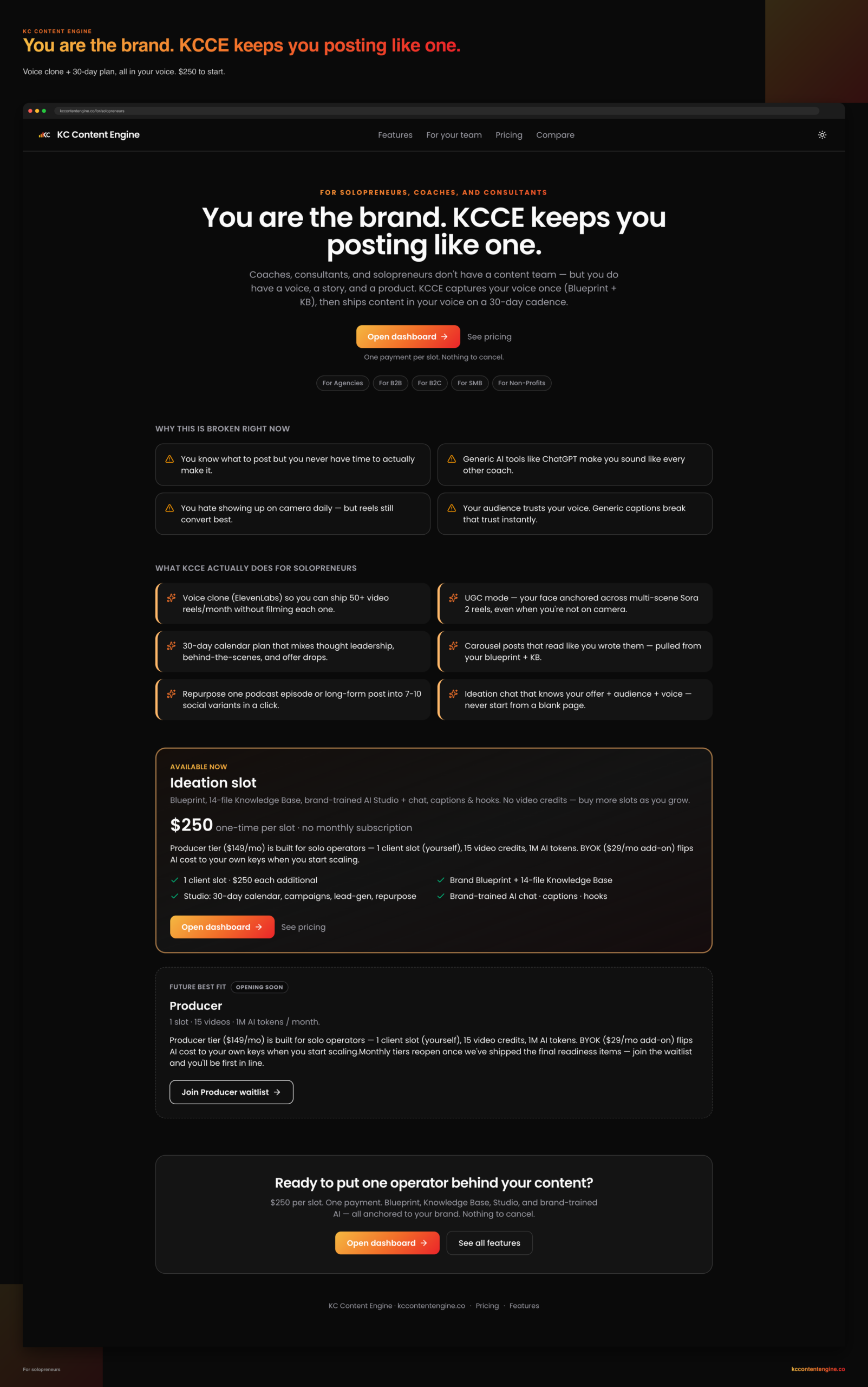 KC Content Engine producer tier for solopreneurs